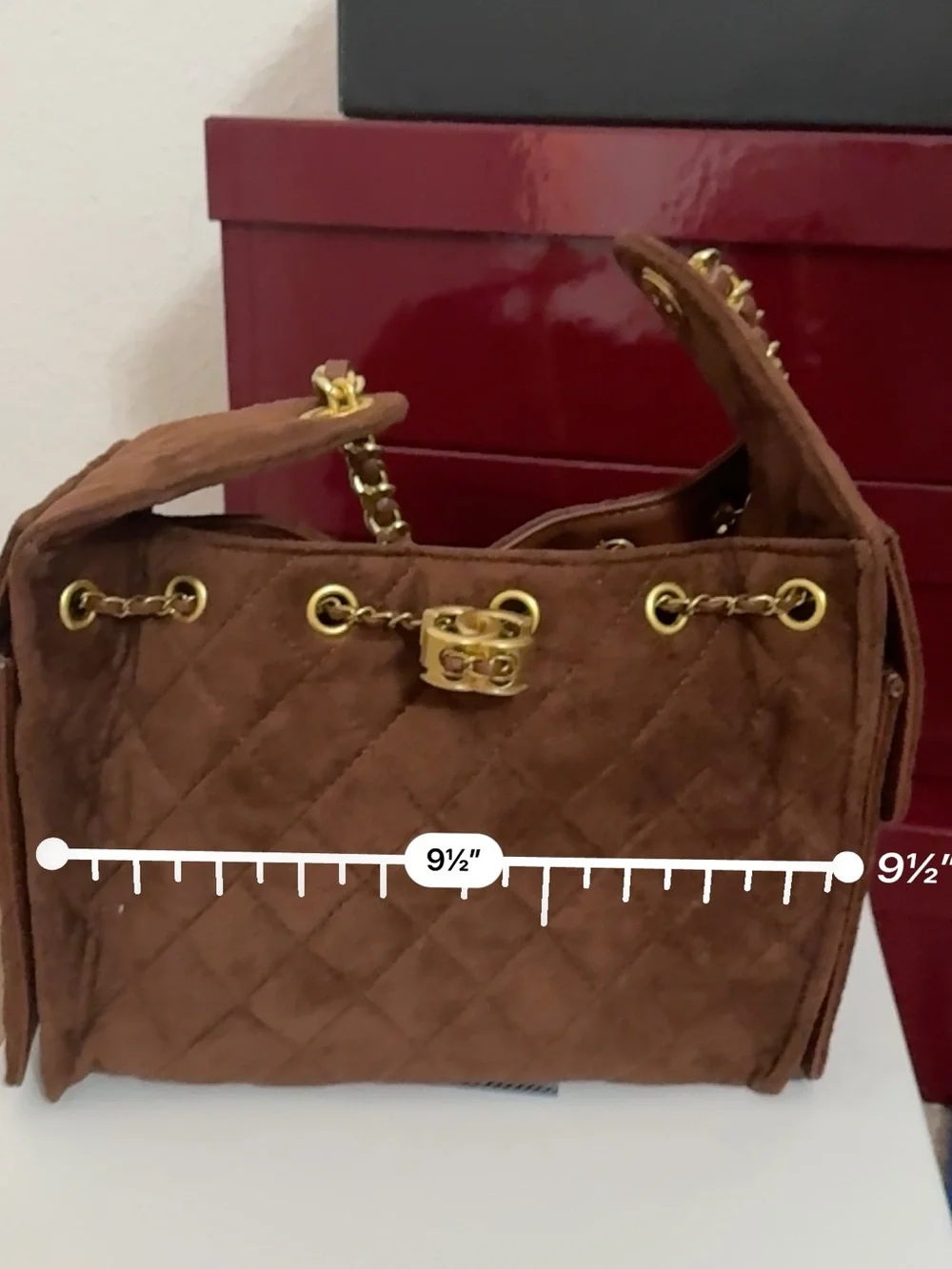 CHANEL Brown Quilted Suede Satchel with Gold Chain Hardware